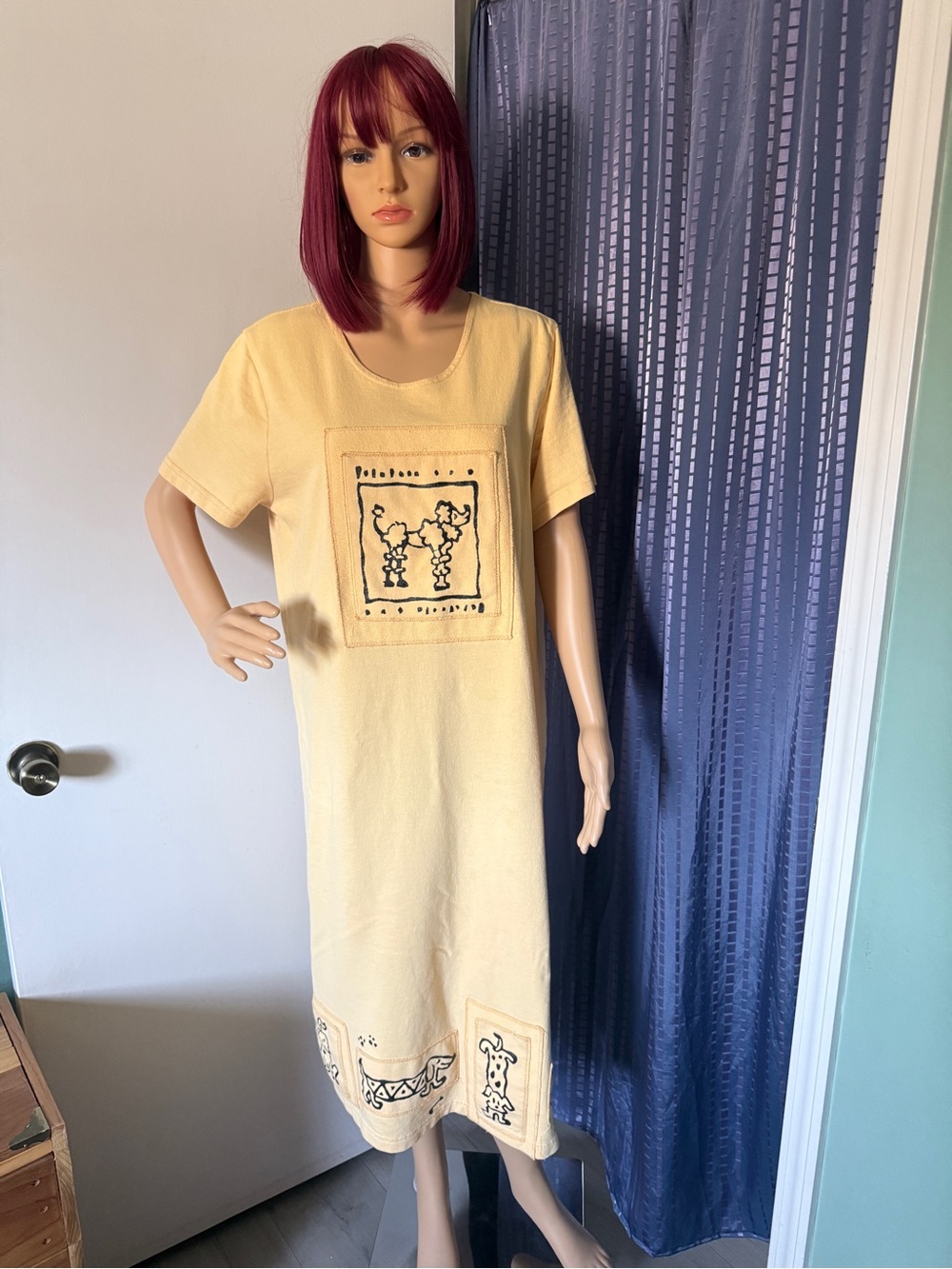 CITE Yellow Cotton Dog Print Vintage Dress Bust 42” Size M/L Art Dress